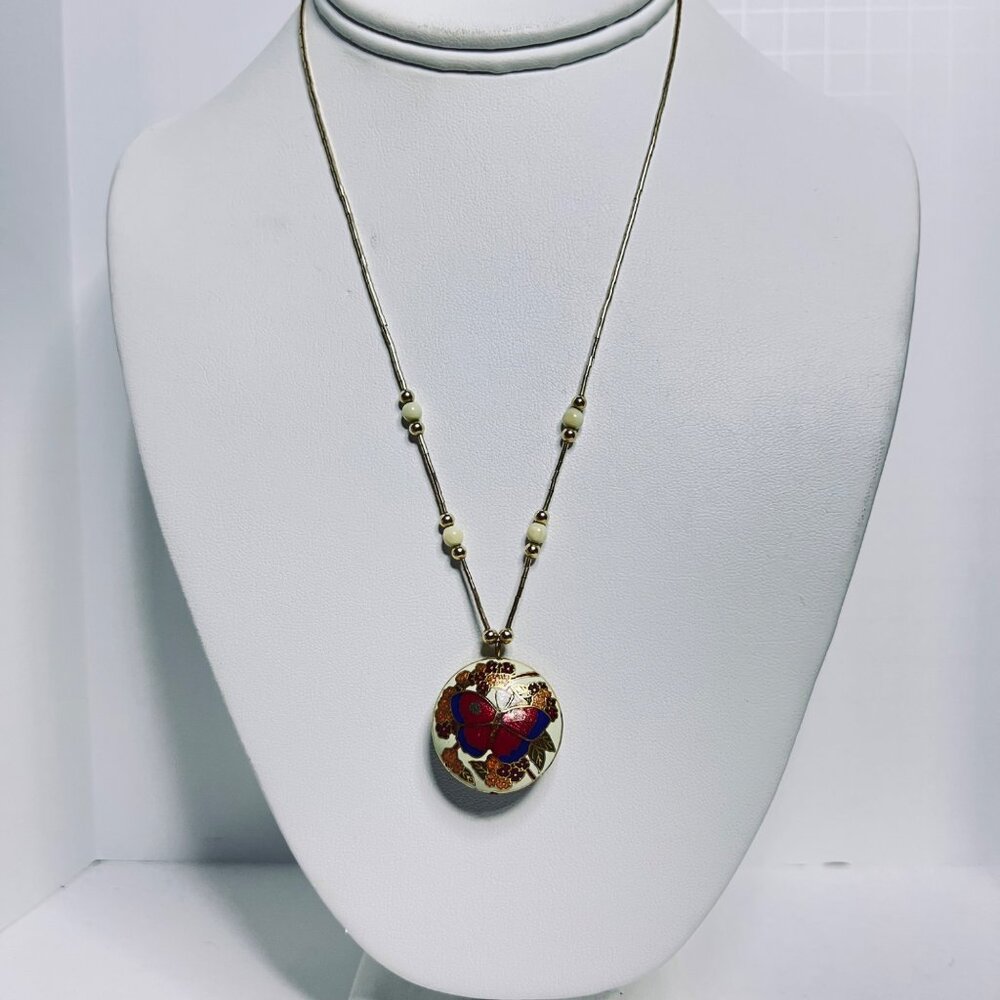 Gold Tone Tubal Chain Necklace W/Double Sided Cloisonne Butterfly Pendant (5880)